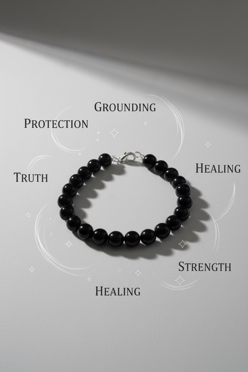 A black beaded bracelet with a silver lobster clasp, displayed on a dark gray textured surface.