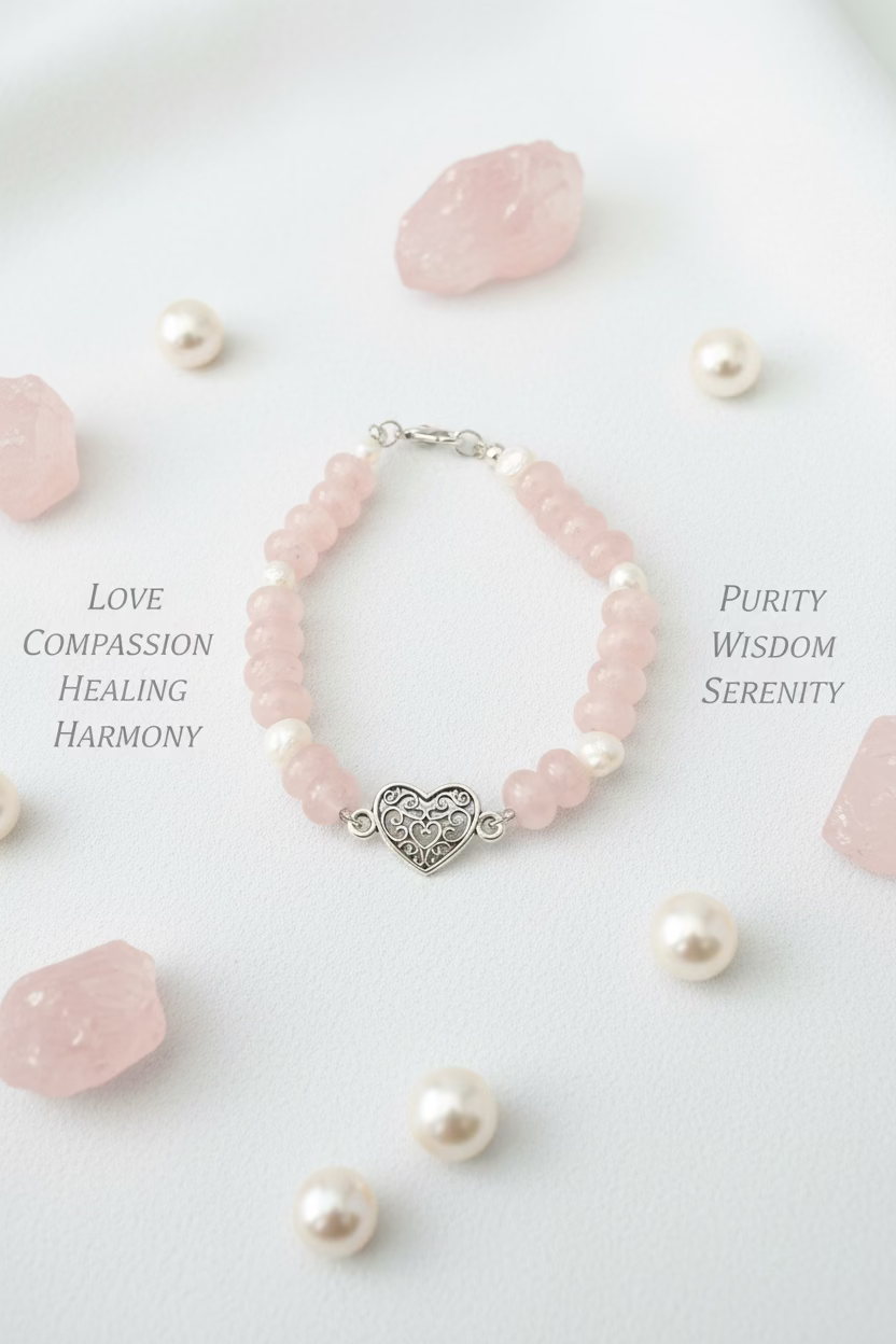 A beaded bracelet featuring light pink rose quartz beads, white pearl accents, and a central silver filigree heart charm, displayed on a dark gray textured background.