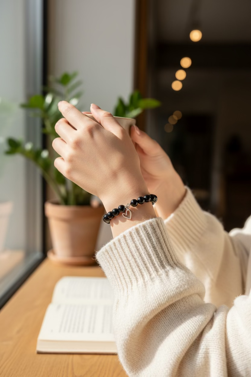 A black beaded bracelet with a silver heart charm, displayed on a dark gray textured surface.
