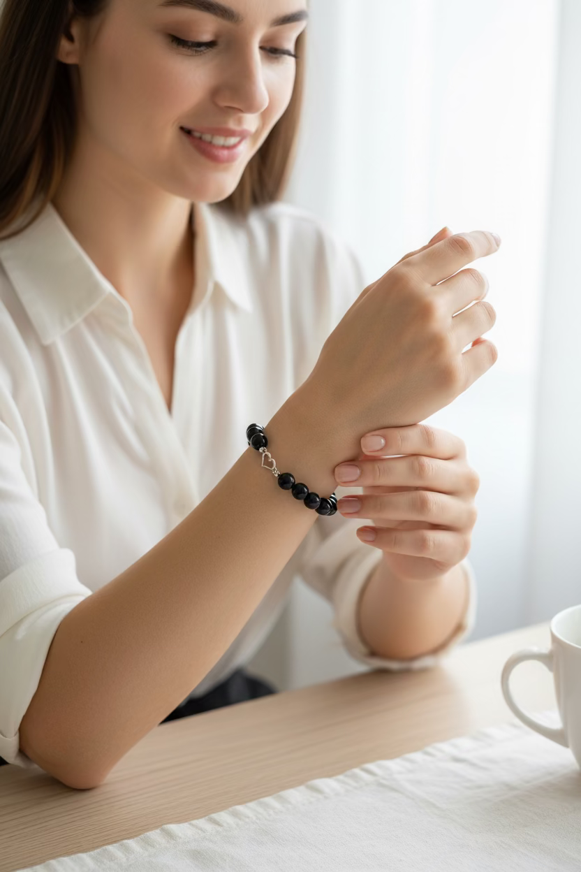 A beaded bracelet with glossy black round beads, a small silver spacer bead, and a silver heart-shaped charm, displayed on a dark gray textured surface.