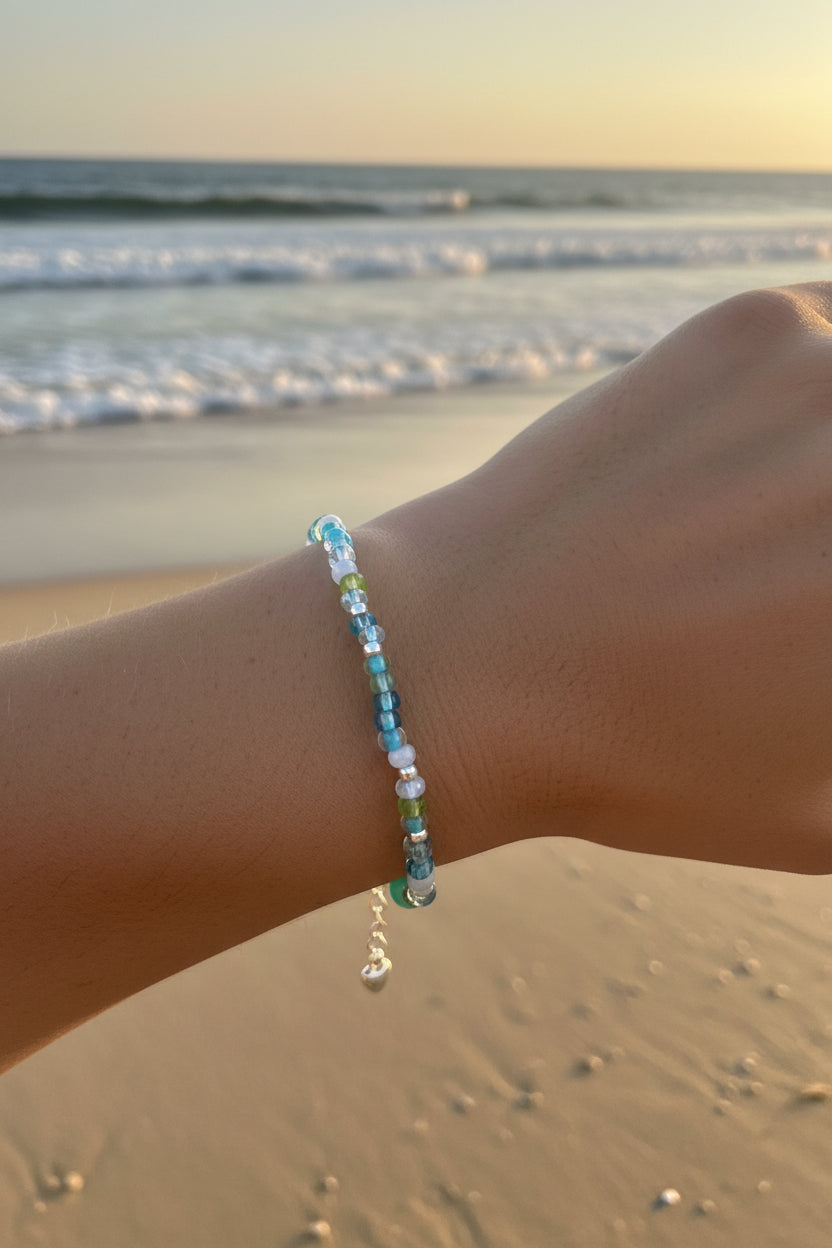 Beach Scene Beaded Adjustable Bracelet with Silver Accents