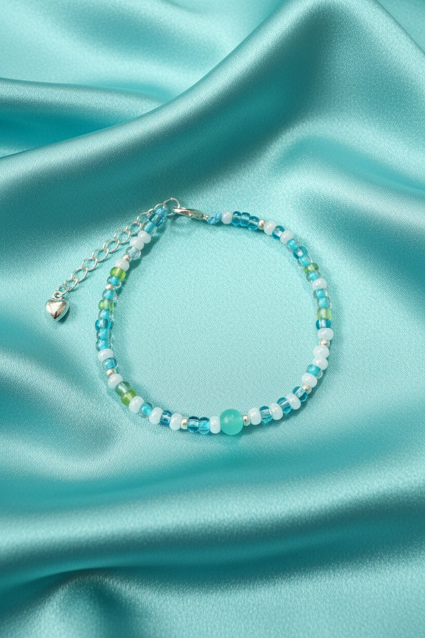 Beach Scene Beaded Adjustable Bracelet with Silver Accents