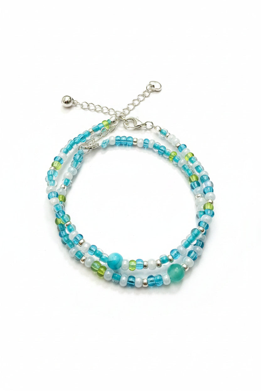 Beach Scene Beaded Adjustable Bracelet with Silver Accents