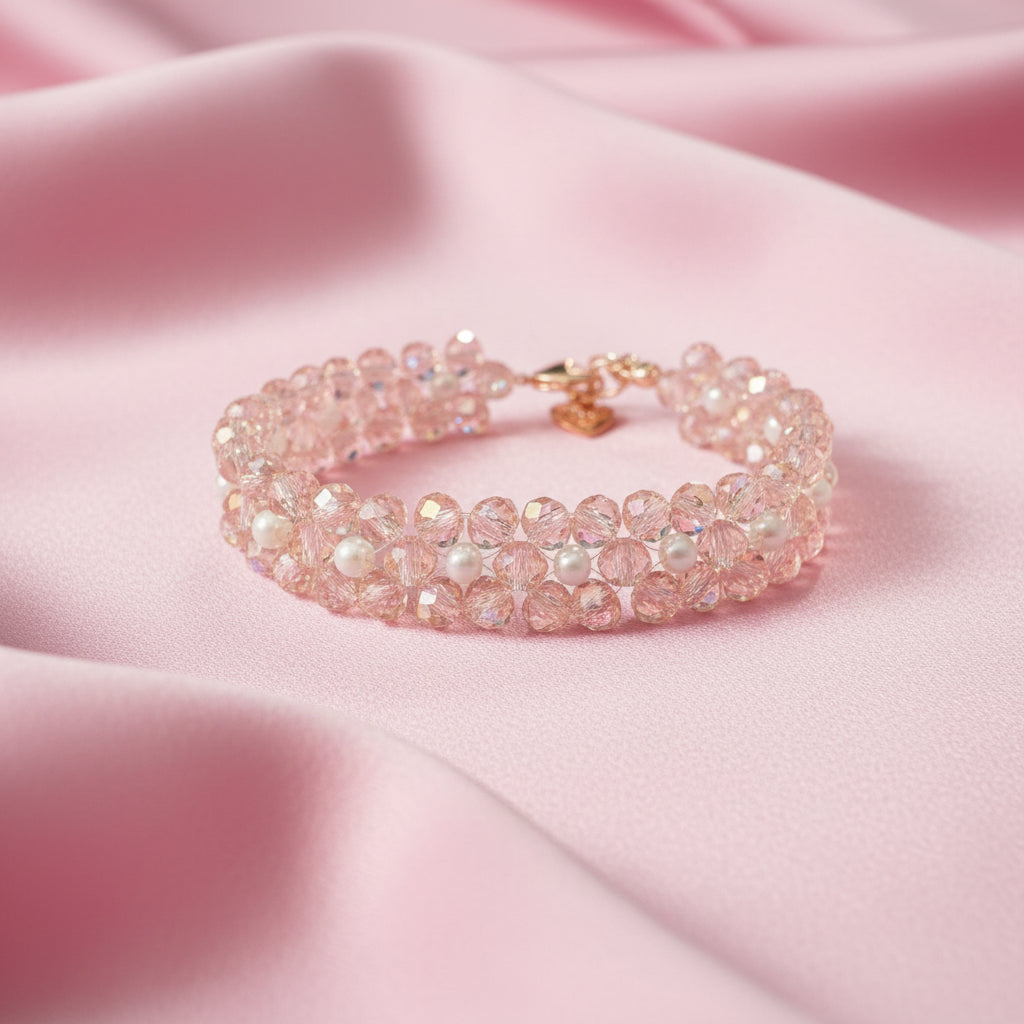A multi-strand bracelet made of faceted light pink beads with iridescent highlights and small white pearl-like beads, finished with a gold-tone clasp, displayed on a black textured fabric background.