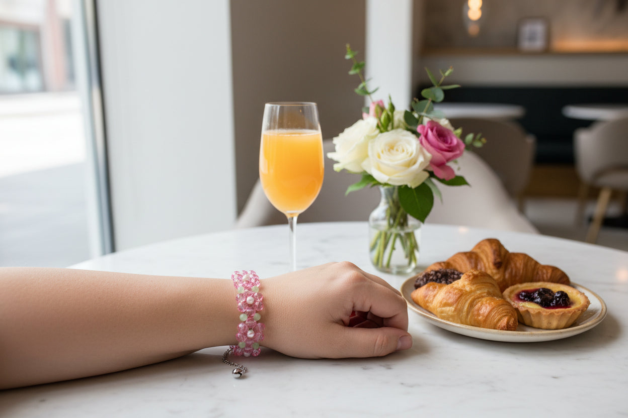 Pink Pearl Daisies Adjustable Crystal Beaded Bracelet