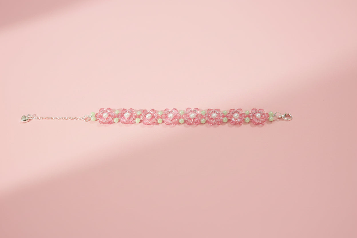 Pink Pearl Daisies Adjustable Crystal Beaded Bracelet