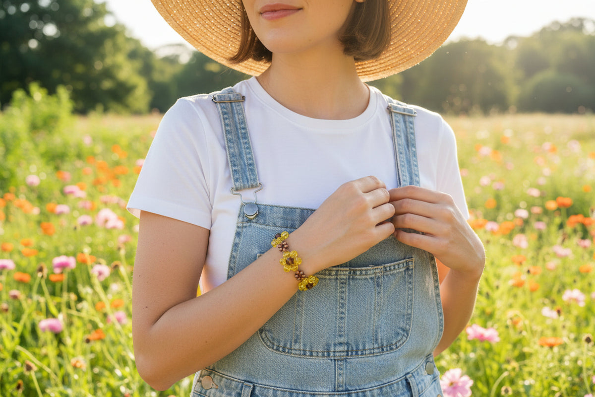 A handmade beaded bracelet featuring three yellow flower-shaped beads with brown centers, separated by rows of small brown beads, displayed on a dark textured background.