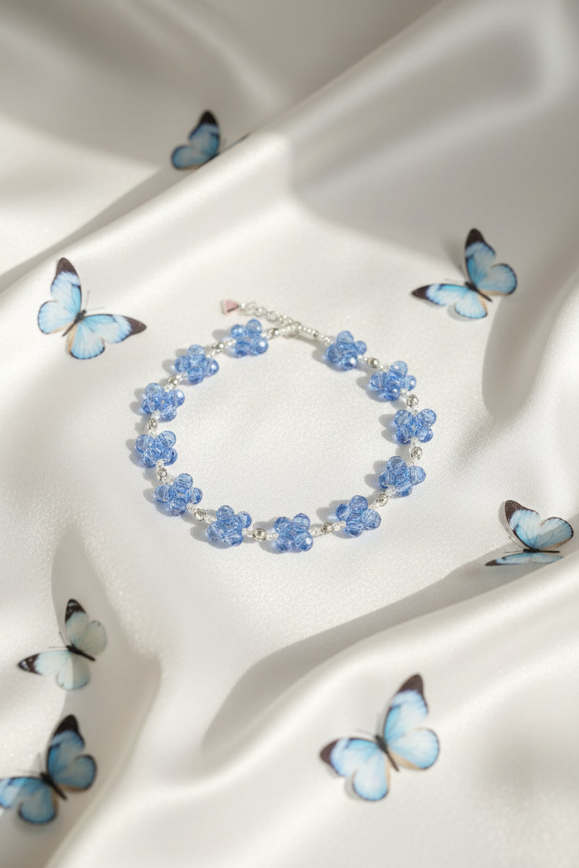 Blue Butterfly - Crystal Glass Beaded Bracelet with Silver Accents