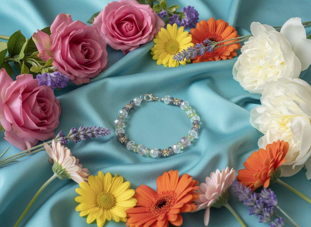 Beaded bracelet with floral beads on a dark textured background
