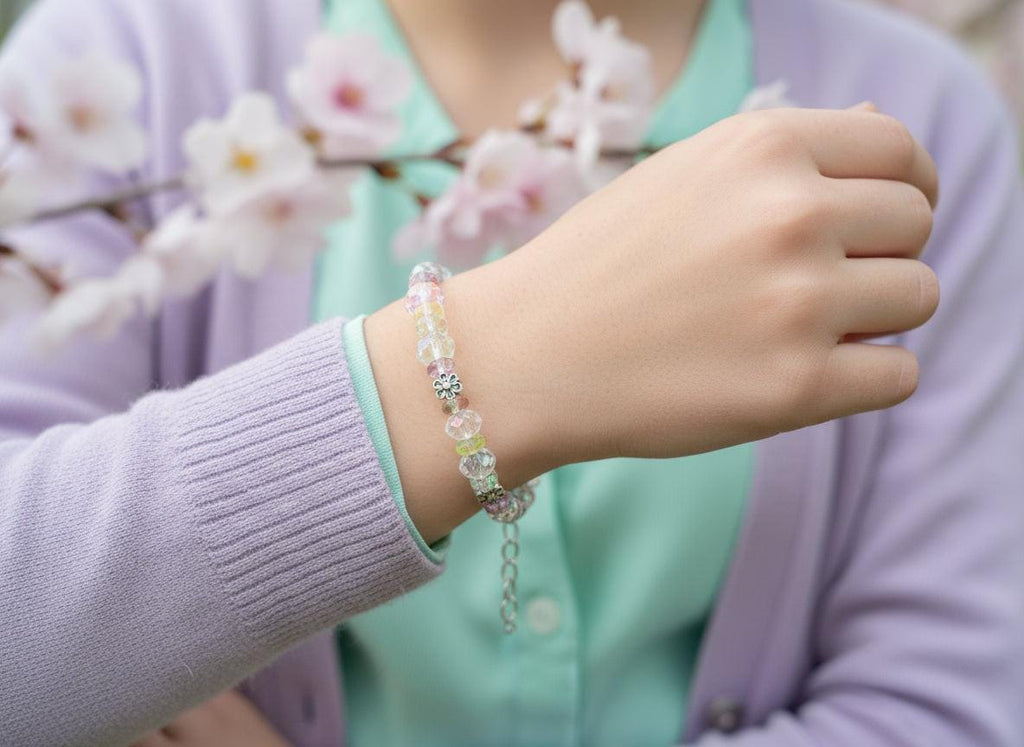 Beaded bracelet with multicolored beads on a dark textured background