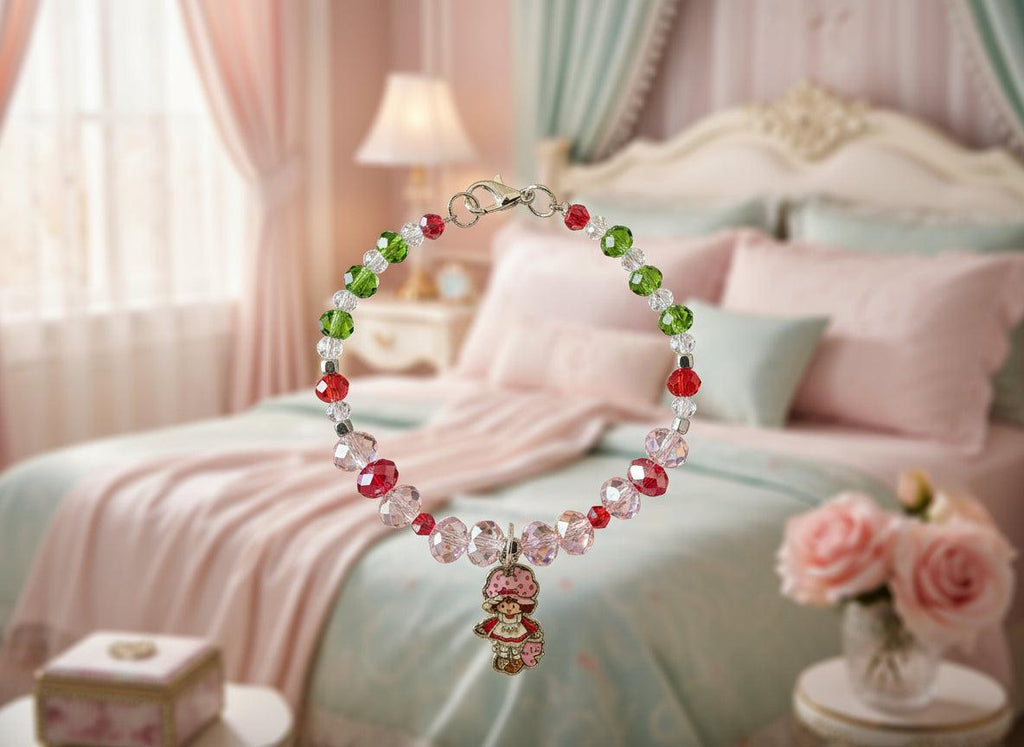 Beaded bracelet with a small charm on a dark textured background