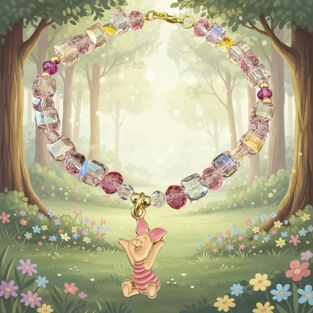 Colorful beaded bracelet with a piglet charm on a black background