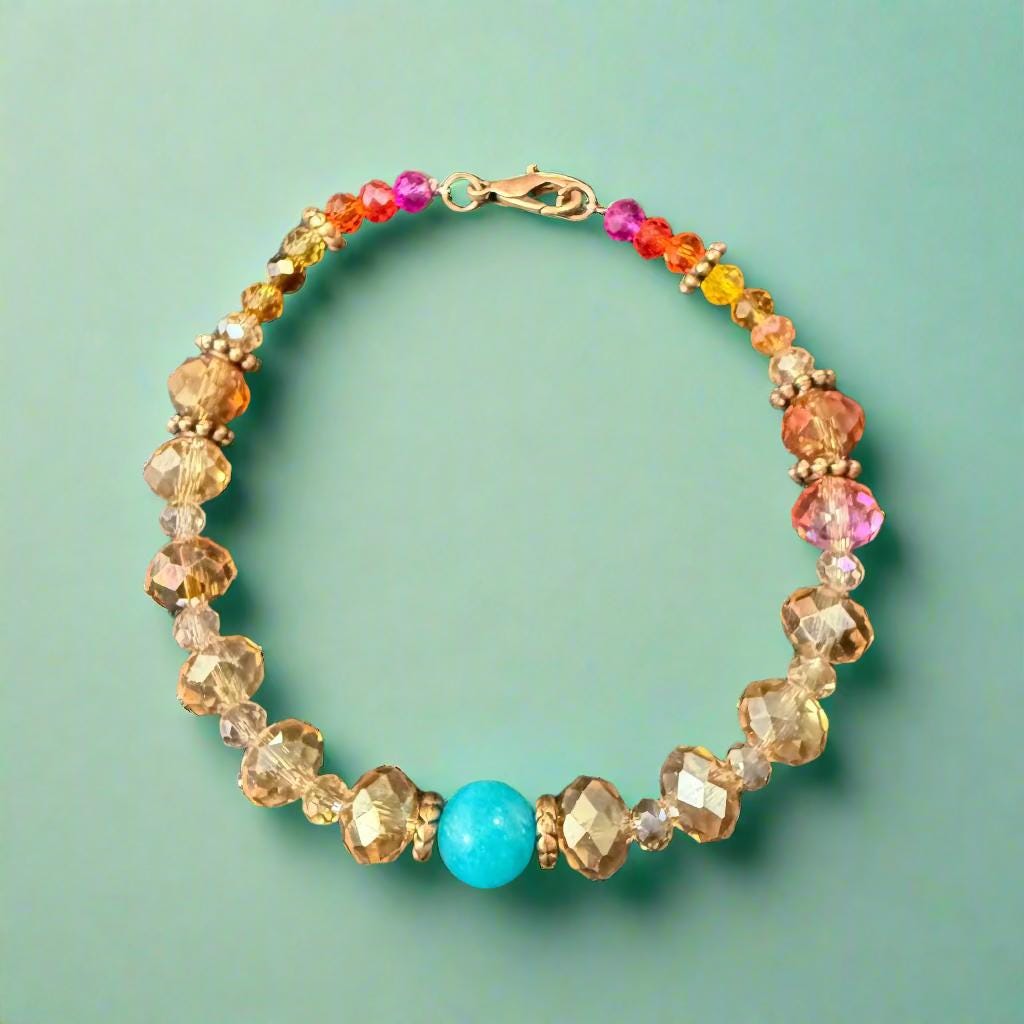 Beaded bracelet with multicolored beads and a blue central bead on a dark background