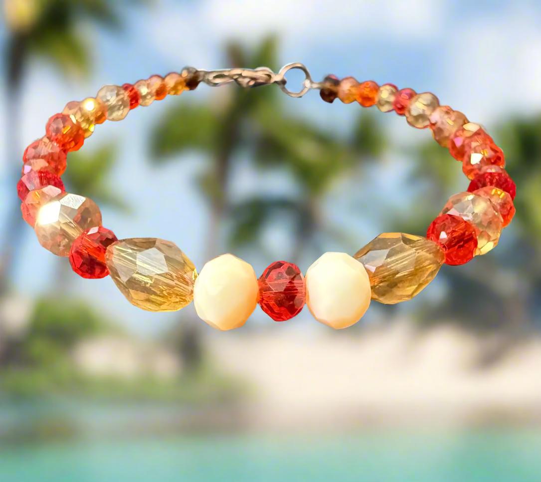 Multicolored beaded bracelet on a dark textured surface