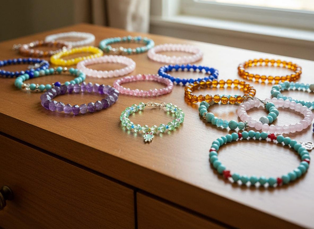 Beaded bracelet with a small charm on a dark gray background