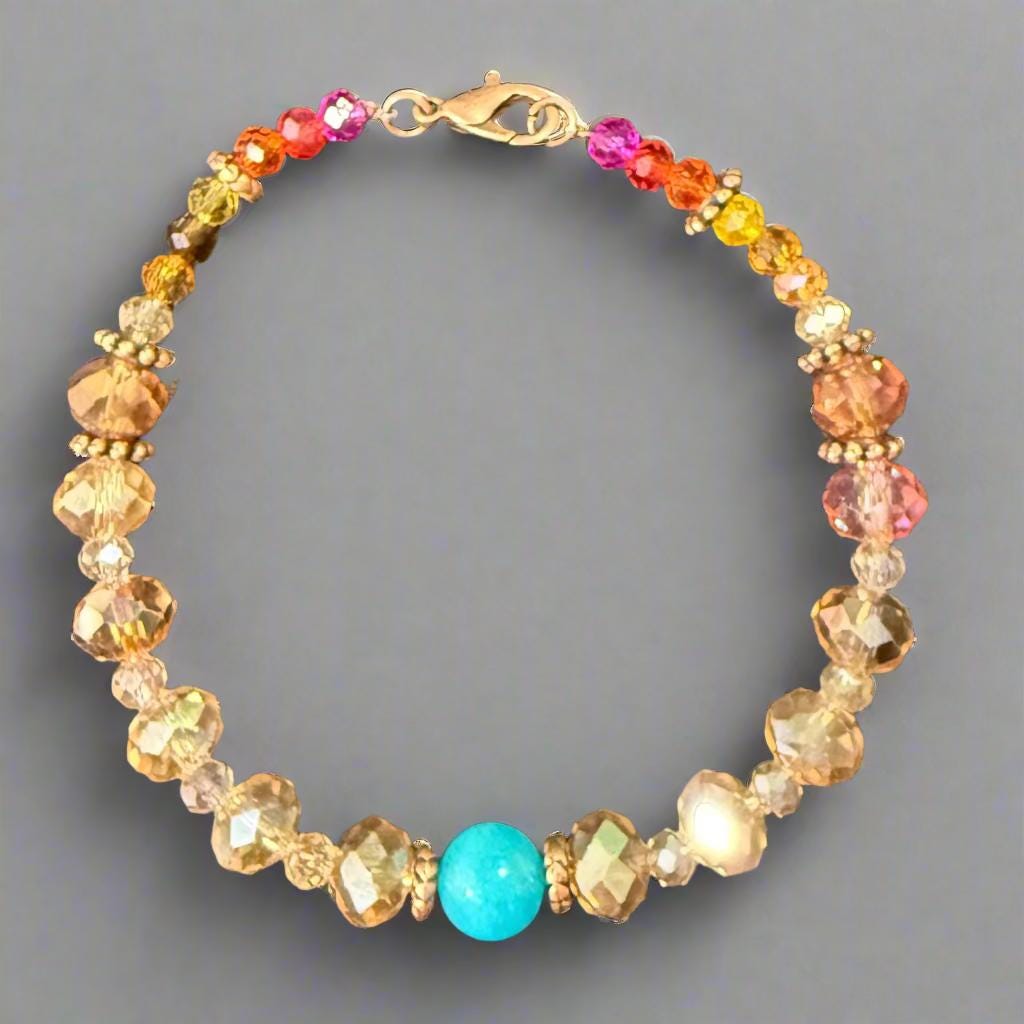 Beaded bracelet with a turquoise bead on a dark gray background