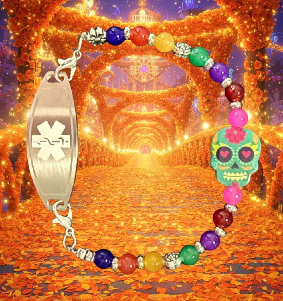 Colorful beaded bracelet with a sugar skull charm and medical ID tag on a black background